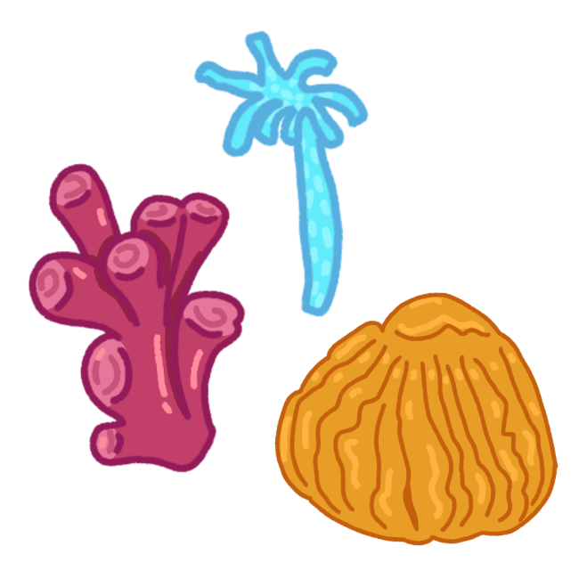 three pieces of coral. one is composed of pink tube shapes. the next is light blue and resembles a flower. the final coral is a yellow blob shape with orange vertical lines